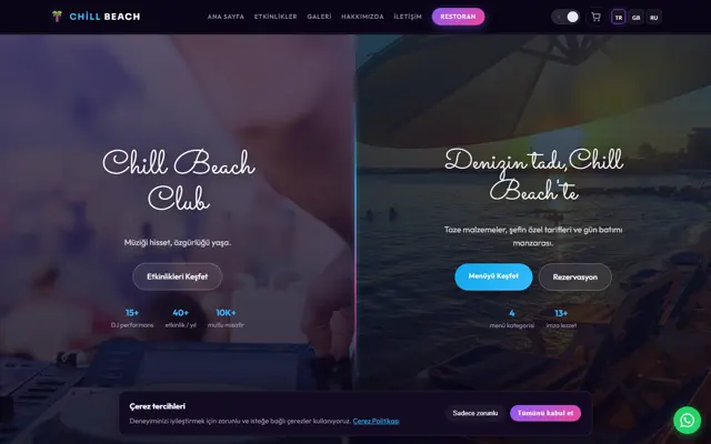 Chill Beach Club web sitesi ana sayfa ekran görüntüsü
